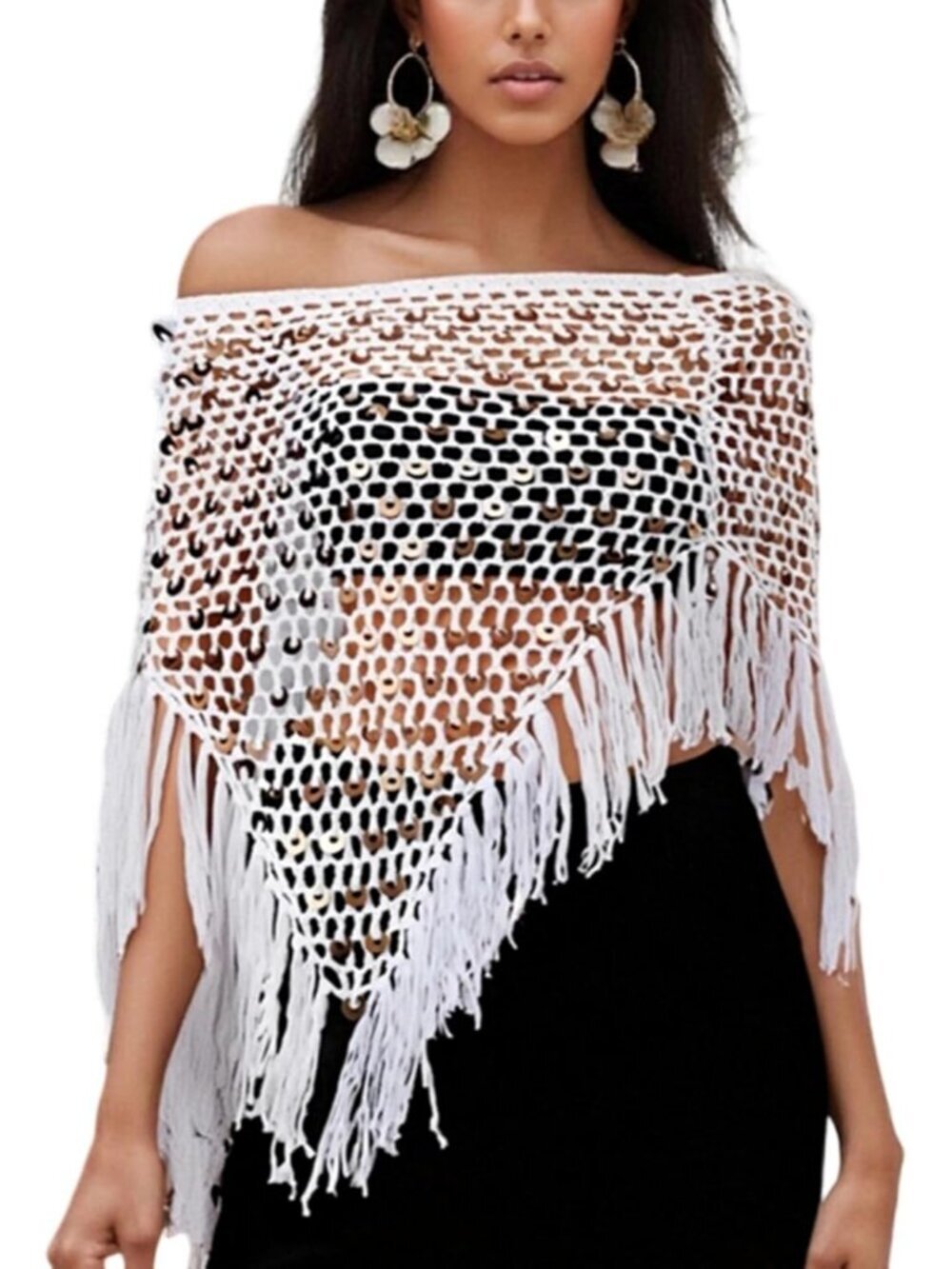 Women Hollow White Lightweight Knit Crochet Shrug Bolero Mesh Batwing Cover Up